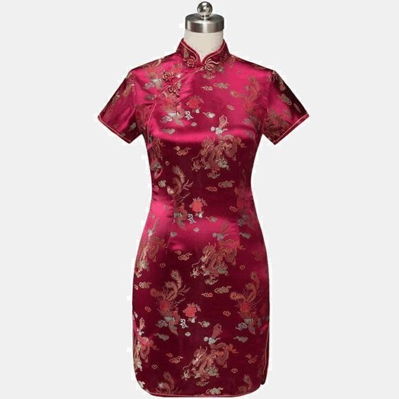 🐉 Mandarin Collar Cheongsam Chinese Dragon Print Side Slits Qipao Dress S NEW - Picture 3 of 16